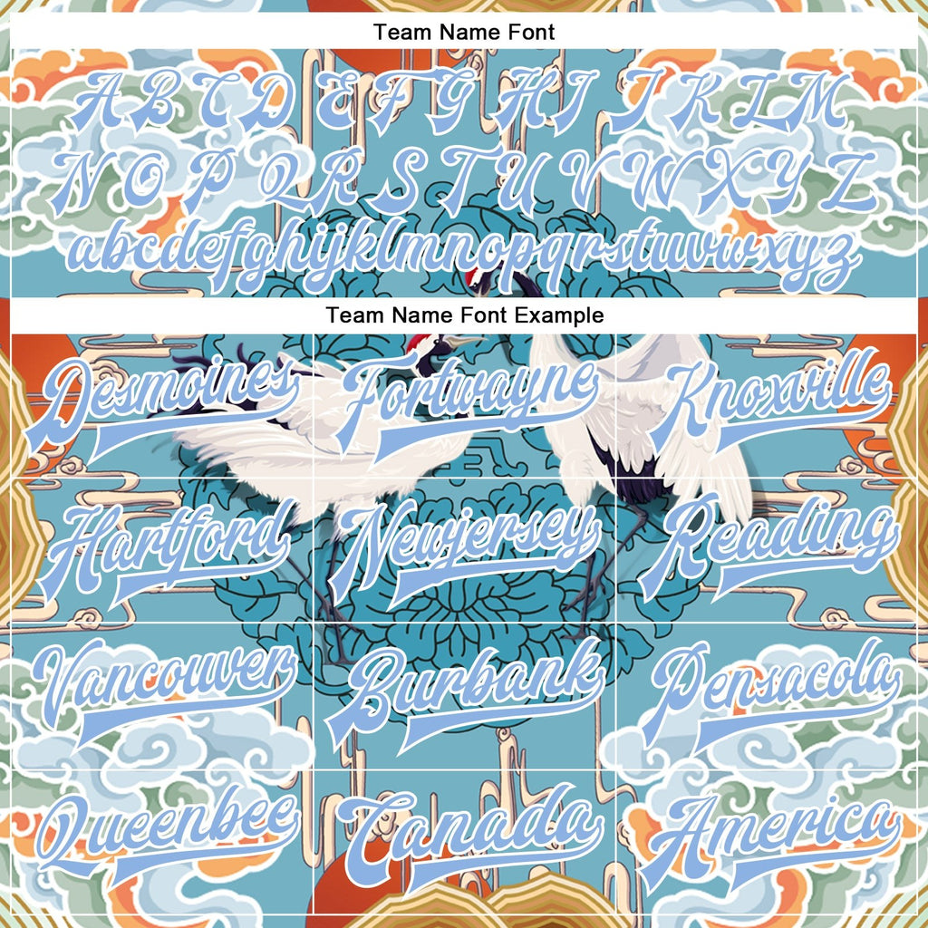 Custom Light Blue White Heron And Cloud 3D Pattern Design Bomber Full-Snap Varsity Letterman Jacket photo 6