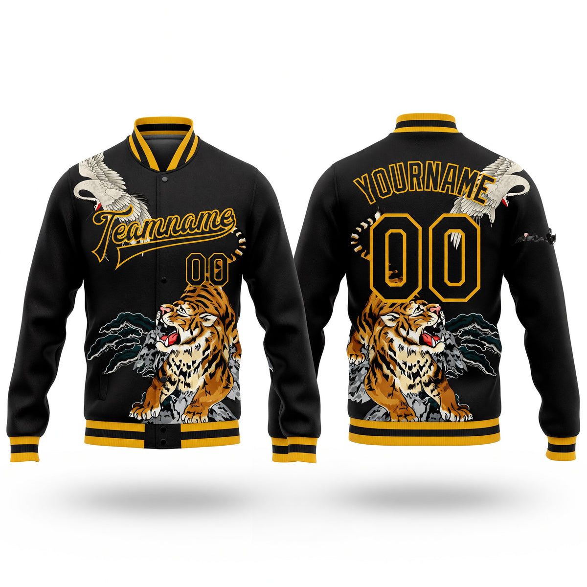 Custom Black Gold Heron And Tiger 3D Pattern Design Bomber Full-Snap Varsity Letterman Jacket