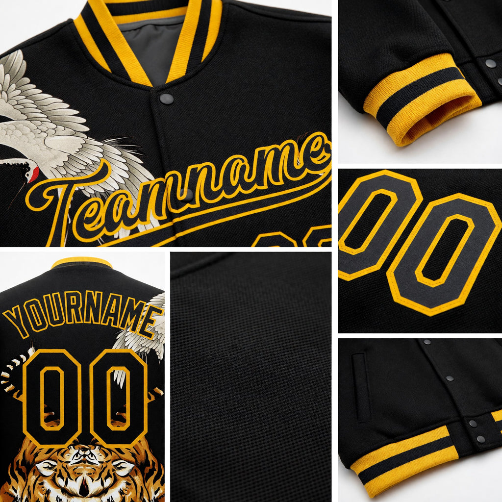 Custom Black Gold Heron And Tiger 3D Pattern Design Bomber Full-Snap Varsity Letterman Jacket detail