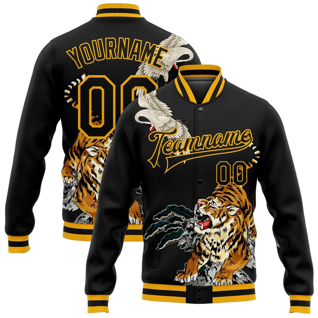 Custom Black Gold Heron And Tiger 3D Pattern Design Bomber Full-Snap Varsity Letterman Jacket photo 1