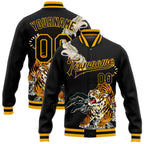 Custom Black Gold Heron And Tiger 3D Pattern Design Bomber Full-Snap Varsity Letterman Jacket photo 1