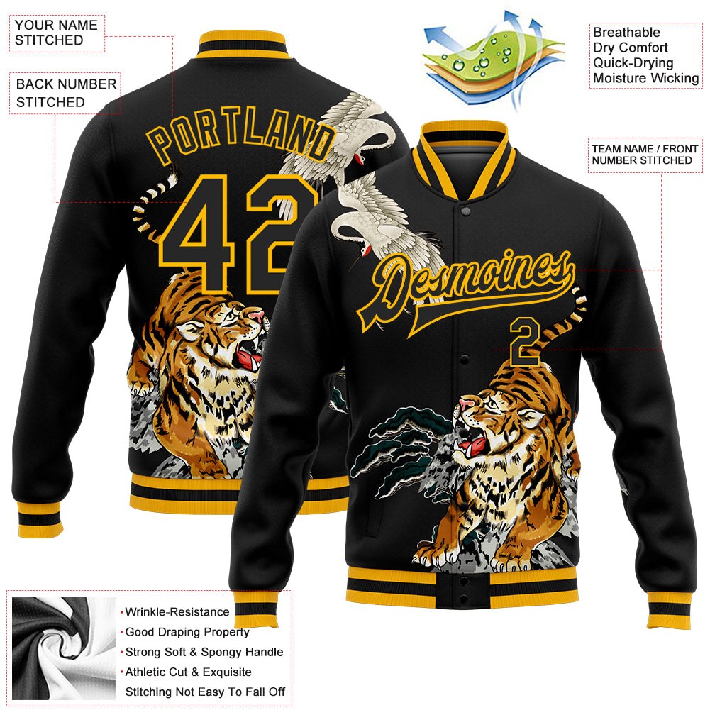 Custom Black Gold Heron And Tiger 3D Pattern Design Bomber Full-Snap Varsity Letterman Jacket photo 5