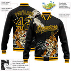 Custom Black Gold Heron And Tiger 3D Pattern Design Bomber Full-Snap Varsity Letterman Jacket photo 5