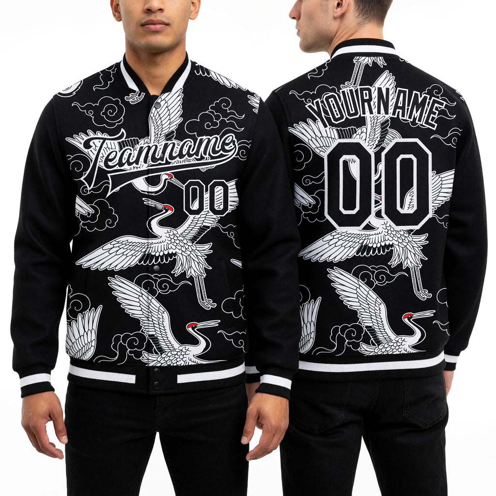 Custom Black White Heron And Cloud 3D Pattern Design Bomber Full-Snap Varsity Letterman Jacket worn front and back