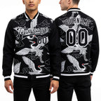 Custom Black White Heron And Cloud 3D Pattern Design Bomber Full-Snap Varsity Letterman Jacket worn front and back