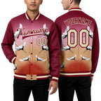 Custom Maroon Cream Heron 3D Pattern Design Bomber Full-Snap Varsity Letterman Jacket worn front and back