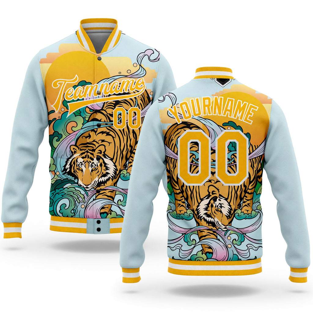 Custom Lakes Blue Gold-White Tiger 3D Pattern Design Bomber Full-Snap Varsity Letterman Jacket