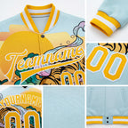 Custom Lakes Blue Gold-White Tiger 3D Pattern Design Bomber Full-Snap Varsity Letterman Jacket detail