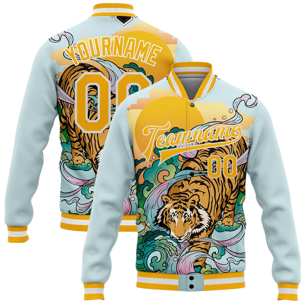 Custom Lakes Blue Gold-White Tiger 3D Pattern Design Bomber Full-Snap Varsity Letterman Jacket photo 1