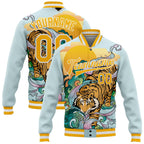 Custom Lakes Blue Gold-White Tiger 3D Pattern Design Bomber Full-Snap Varsity Letterman Jacket photo 1