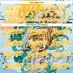 Custom Lakes Blue Gold-White Tiger 3D Pattern Design Bomber Full-Snap Varsity Letterman Jacket photo 5