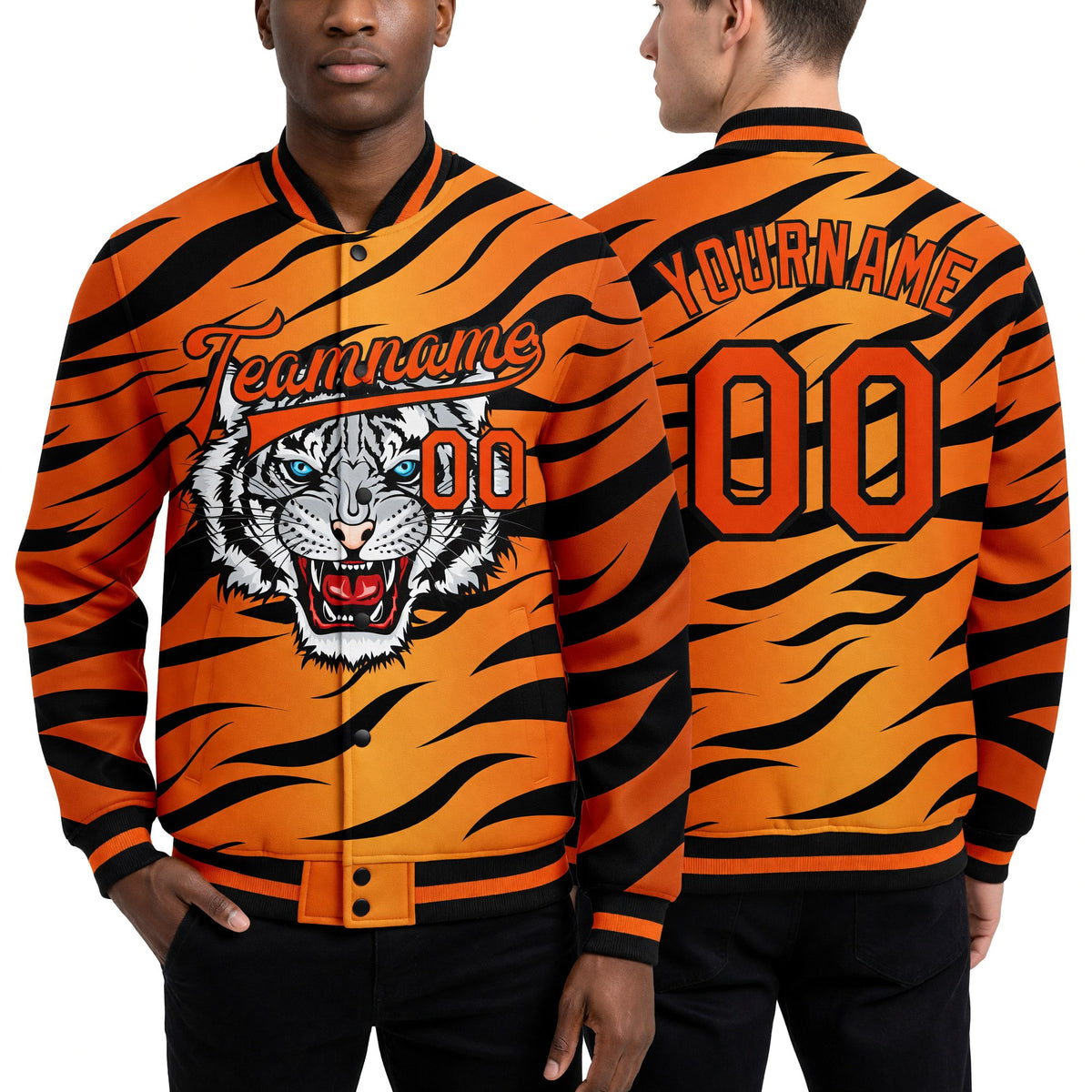 Custom Orange Black Tiger 3D Pattern Design Bomber Full-Snap Varsity Letterman Jacket worn front and back