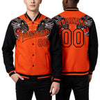 Custom Orange Black Leopard 3D Pattern Design Bomber Full-Snap Varsity Letterman Jacket worn front and back
