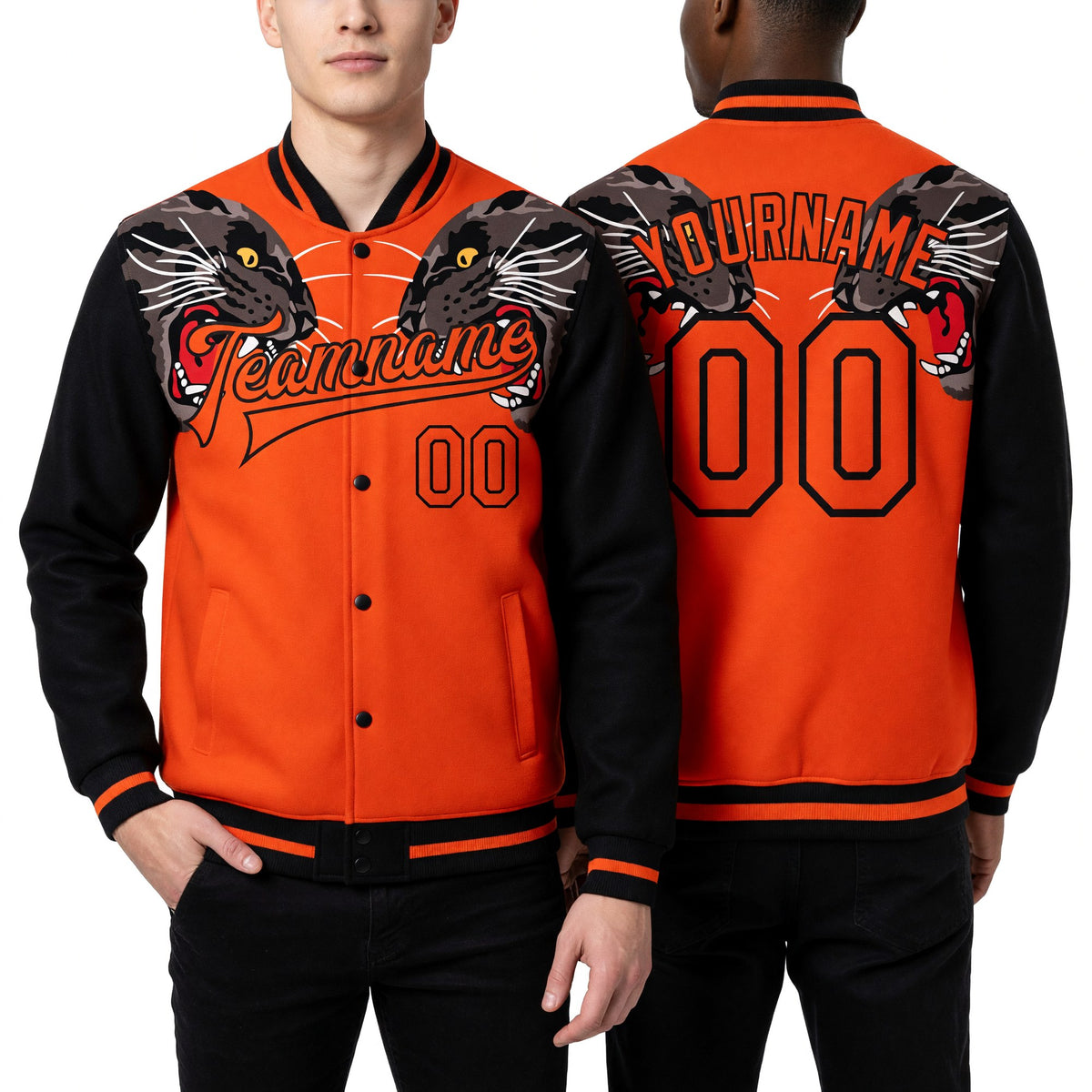 Custom Orange Black Leopard 3D Pattern Design Bomber Full-Snap Varsity Letterman Jacket worn front and back