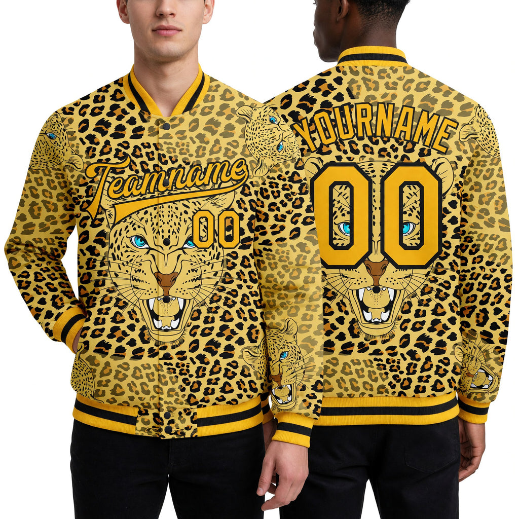Custom Gold Black Leopard 3D Pattern Design Bomber Full-Snap Varsity Letterman Jacket worn front and back