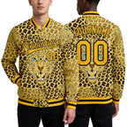 Custom Gold Black Leopard 3D Pattern Design Bomber Full-Snap Varsity Letterman Jacket worn front and back