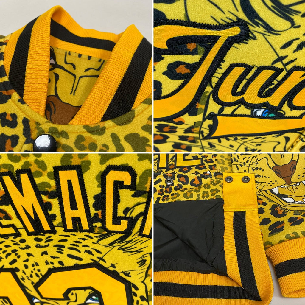 Custom Gold Black Leopard 3D Pattern Design Bomber Full-Snap Varsity Letterman Jacket photo 4