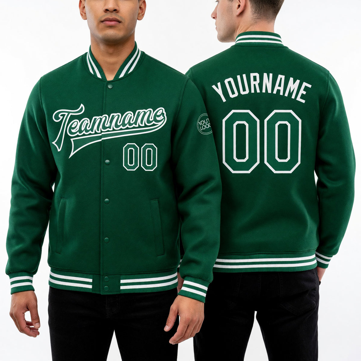 Custom Kelly Green White Bomber Full-Snap Varsity Letterman Jacket worn front and back
