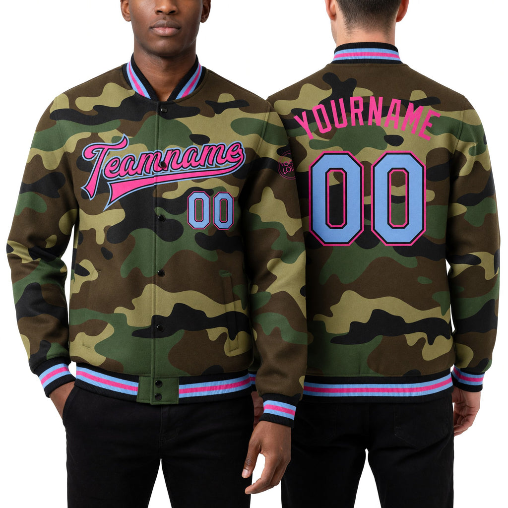 Custom Camo Light Blue Black-Pink Bomber Full-Snap Varsity Letterman Salute To Service Jacket worn front and back