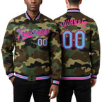 Custom Camo Light Blue Black-Pink Bomber Full-Snap Varsity Letterman Salute To Service Jacket worn front and back