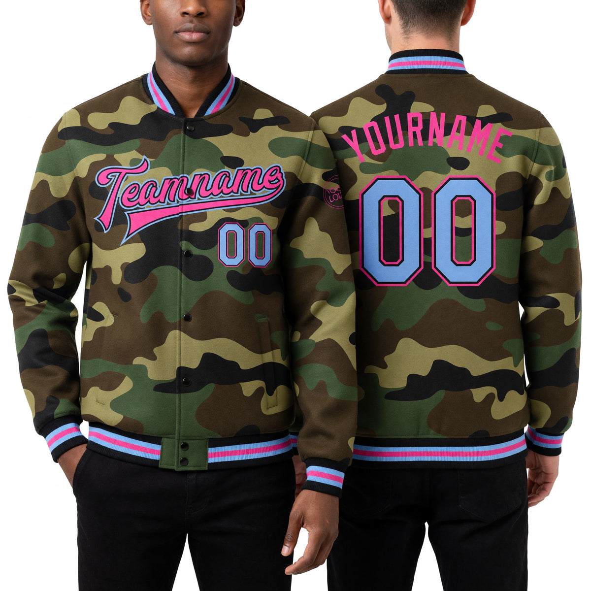 Custom Camo Light Blue Black-Pink Bomber Full-Snap Varsity Letterman Salute To Service Jacket worn front and back