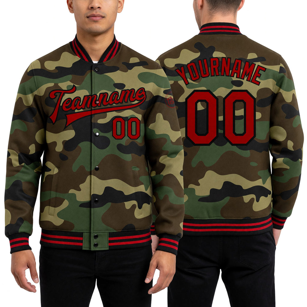 Custom Camo Red-Black Bomber Full-Snap Varsity Letterman Salute To Service Jacket worn front and back