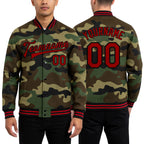 Custom Camo Red-Black Bomber Full-Snap Varsity Letterman Salute To Service Jacket worn front and back