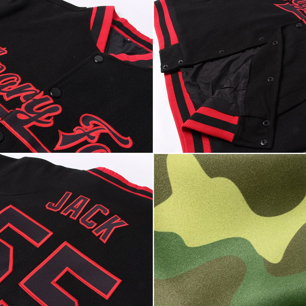 Custom Camo Red-Black Bomber Full-Snap Varsity Letterman Salute To Service Jacket photo 4