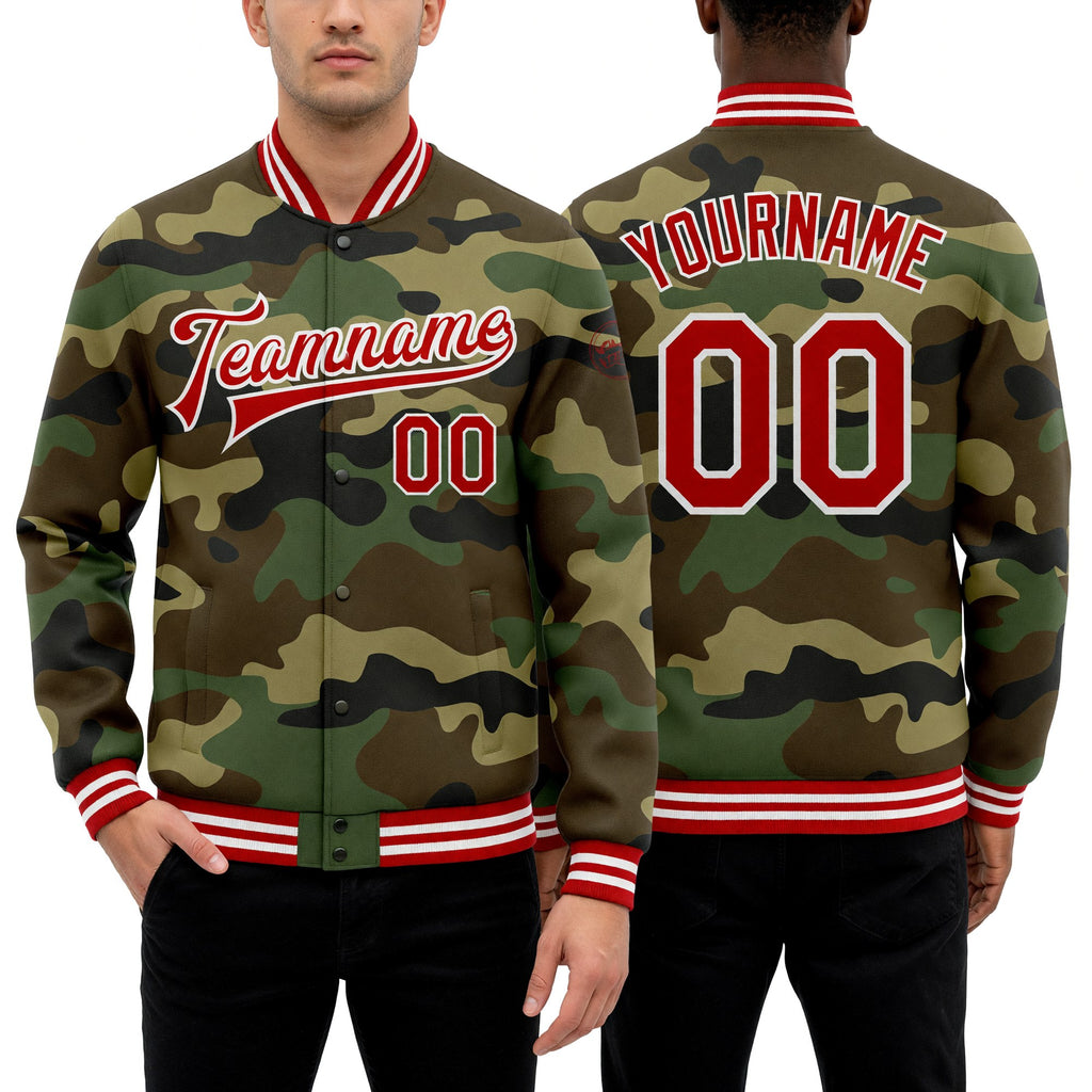 Custom Camo Red-White Bomber Full-Snap Varsity Letterman Salute To Service Jacket worn front and back