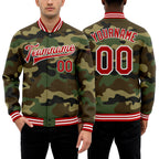Custom Camo Red-White Bomber Full-Snap Varsity Letterman Salute To Service Jacket worn front and back