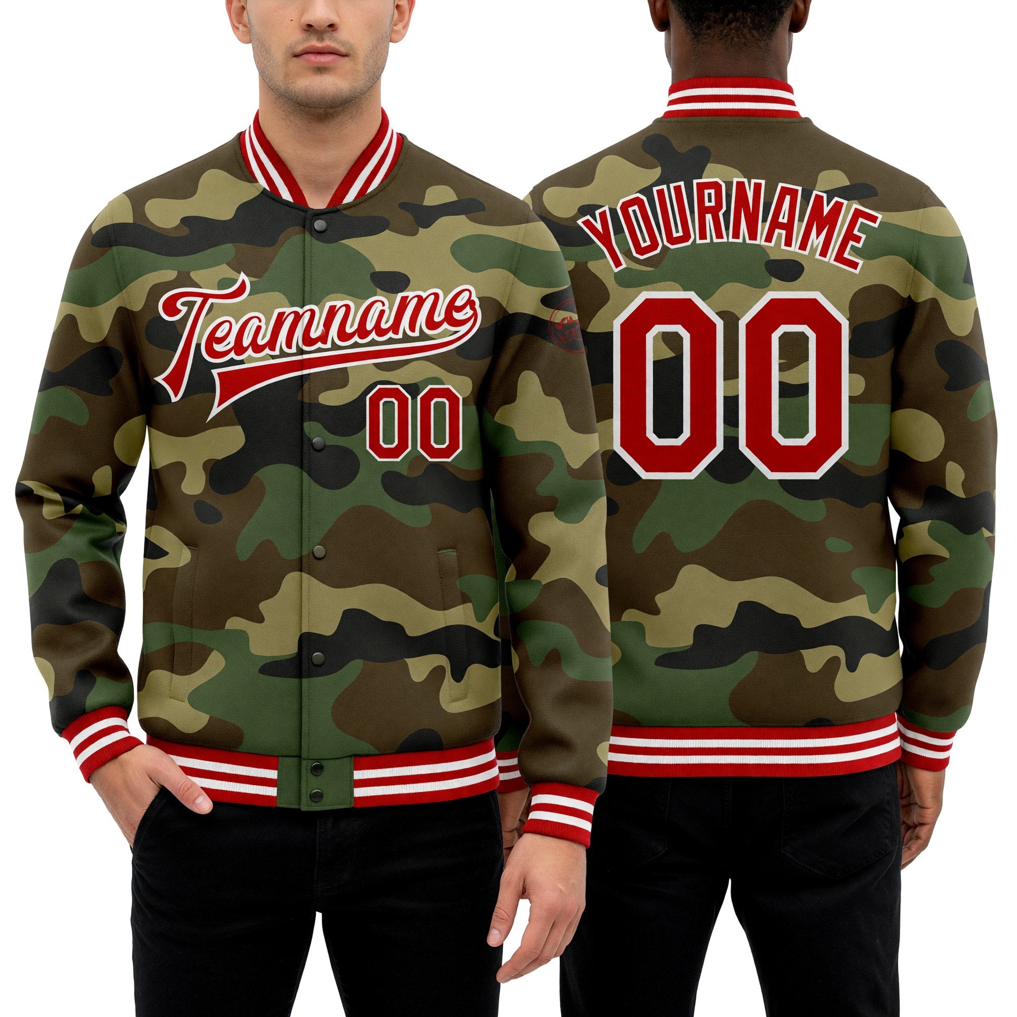 Custom Camo Red-White Bomber Full-Snap Varsity Letterman Salute To Service Jacket worn front and back