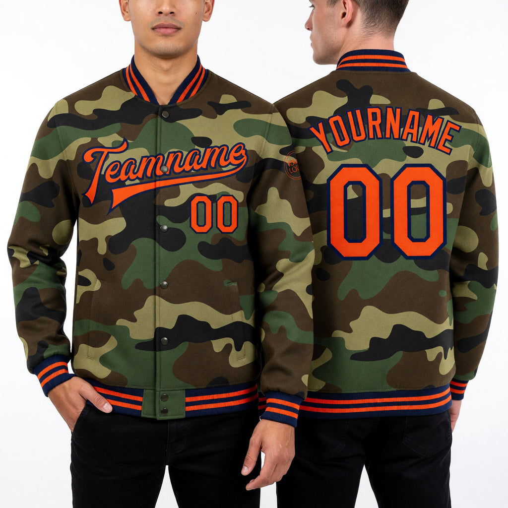 Custom Camo Orange-Navy Bomber Full-Snap Varsity Letterman Salute To Service Jacket worn front and back