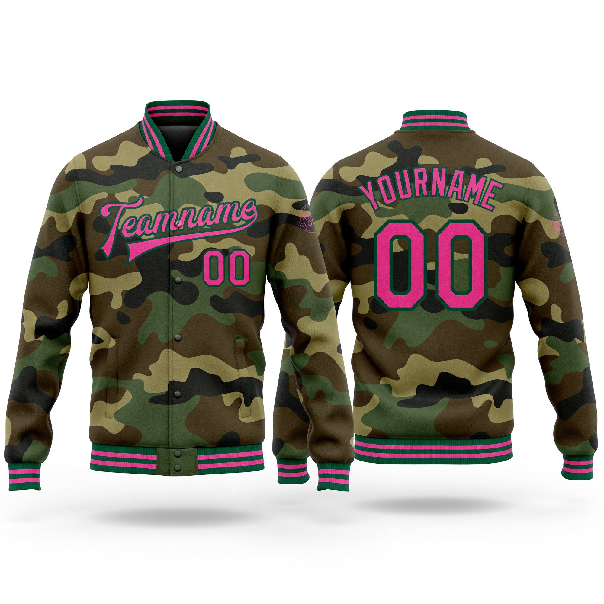 Custom Camo Pink-Kelly Green Bomber Full-Snap Varsity Letterman Salute To Service Jacket