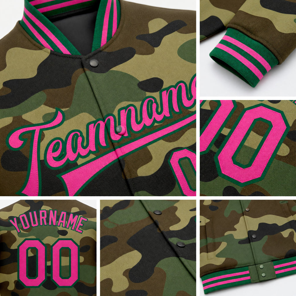 Custom Camo Pink-Kelly Green Bomber Full-Snap Varsity Letterman Salute To Service Jacket detail
