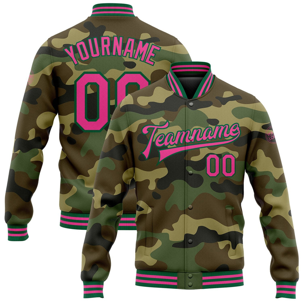 Custom Camo Pink-Kelly Green Bomber Full-Snap Varsity Letterman Salute To Service Jacket photo 1