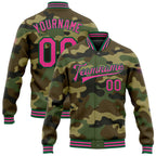 Custom Camo Pink-Kelly Green Bomber Full-Snap Varsity Letterman Salute To Service Jacket photo 1