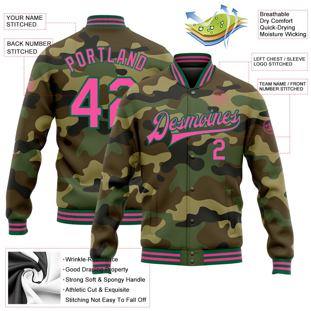 Custom Camo Pink-Kelly Green Bomber Full-Snap Varsity Letterman Salute To Service Jacket photo 5