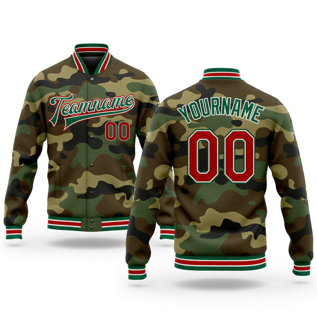 Custom Camo Red-Kelly Green Bomber Full-Snap Varsity Letterman Salute To Service Jacket