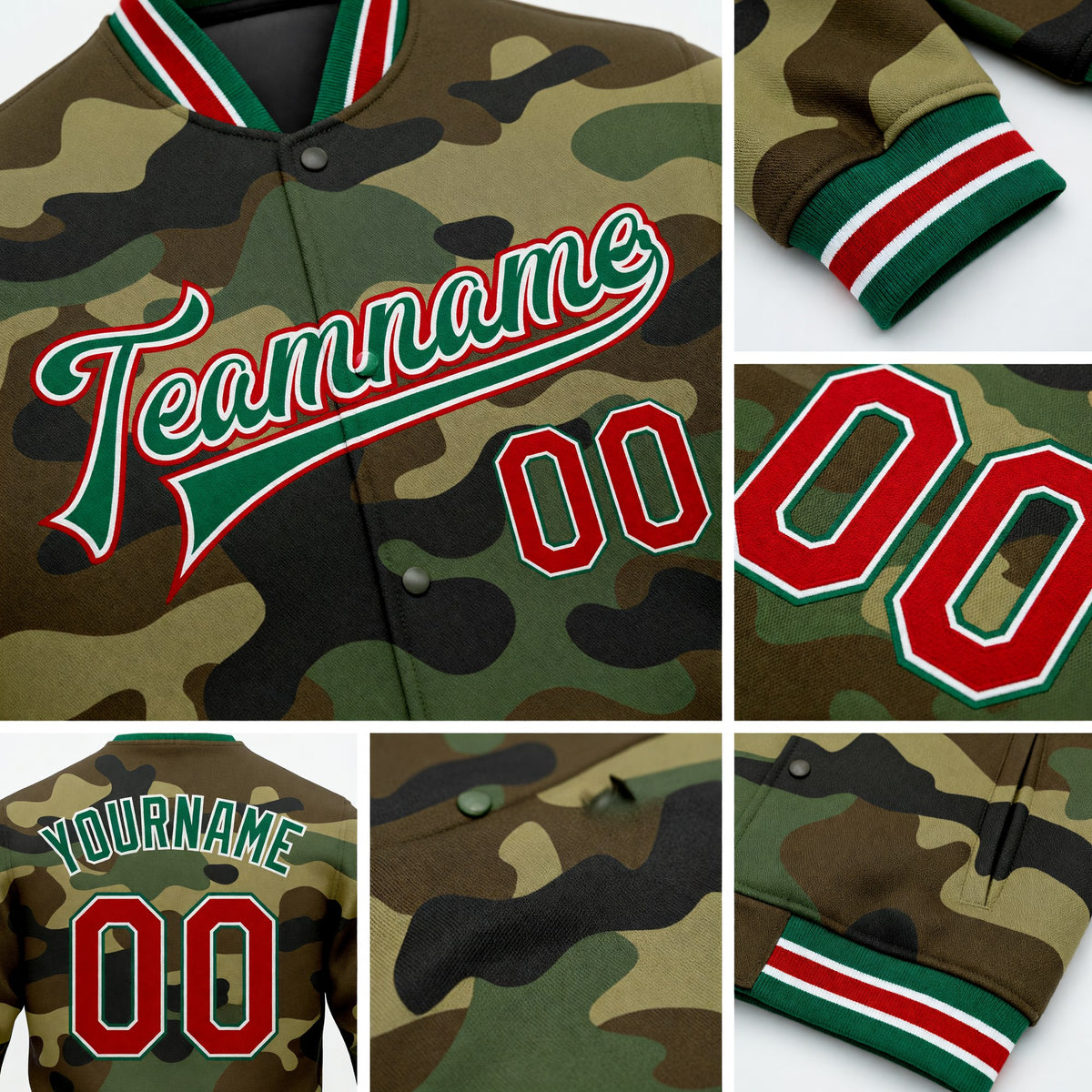 Custom Camo Red-Kelly Green Bomber Full-Snap Varsity Letterman Salute To Service Jacket detail