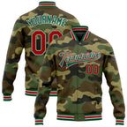 Custom Camo Red-Kelly Green Bomber Full-Snap Varsity Letterman Salute To Service Jacket photo 1