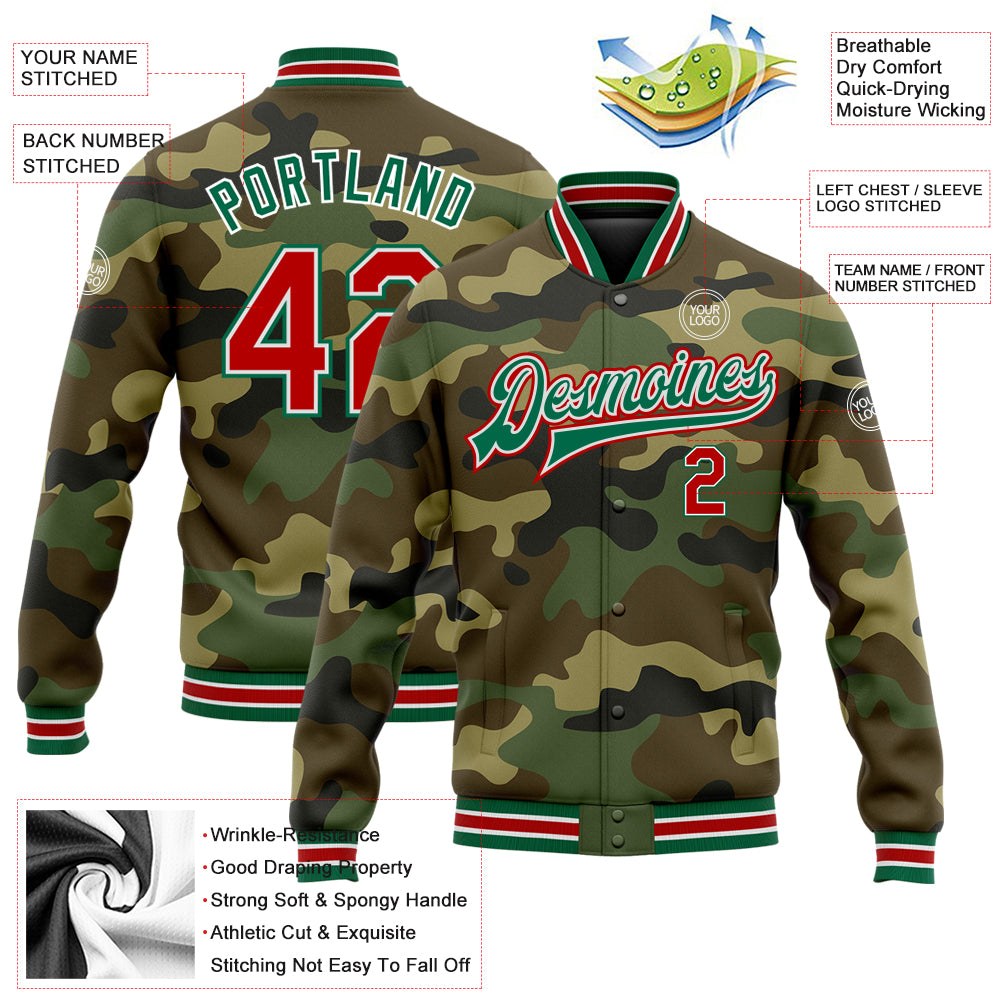 Custom Camo Red-Kelly Green Bomber Full-Snap Varsity Letterman Salute To Service Jacket photo 5