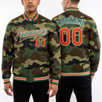 Custom Camo Orange-Kelly Green Bomber Full-Snap Varsity Letterman Salute To Service Jacket worn front and back