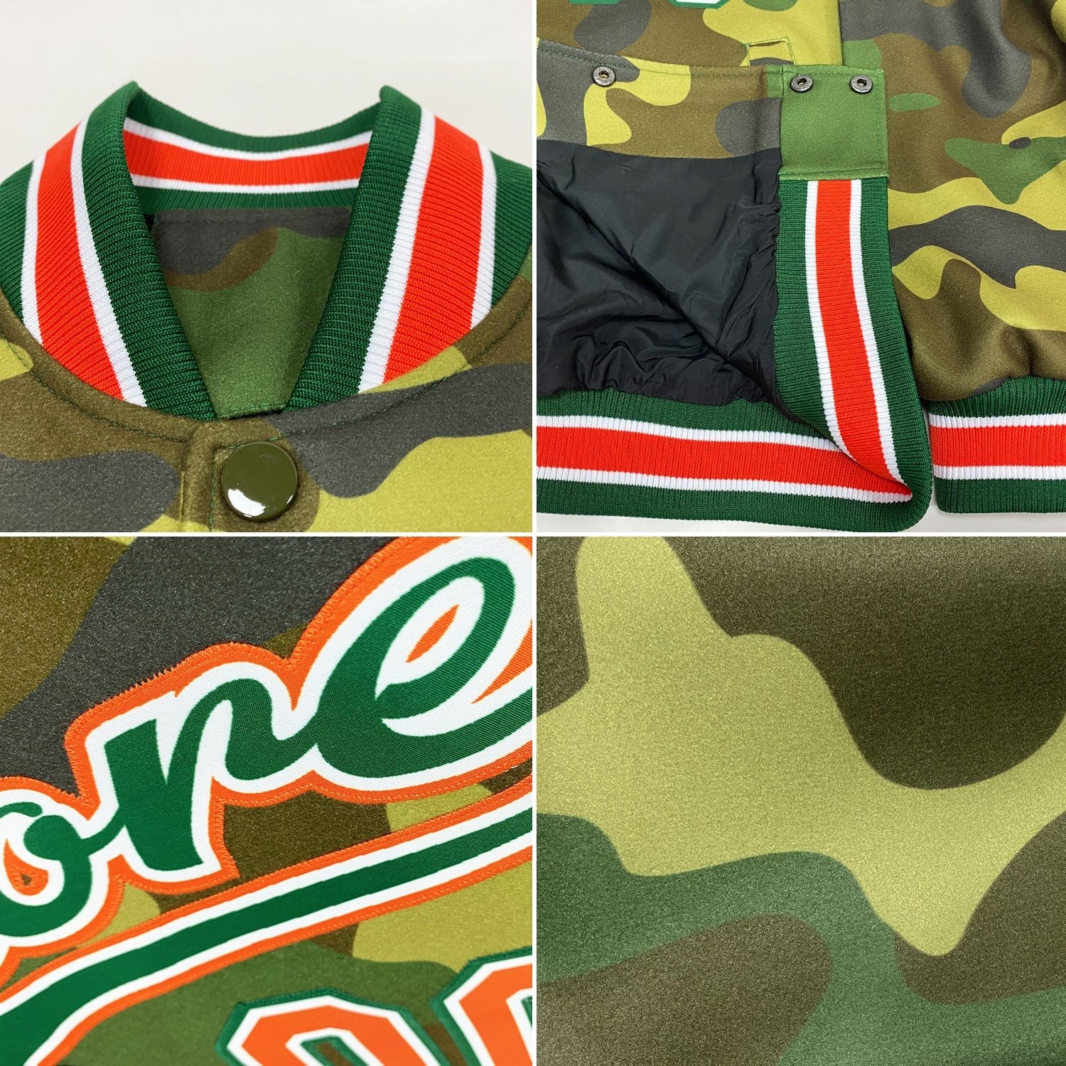 Custom Camo Orange-Kelly Green Bomber Full-Snap Varsity Letterman Salute To Service Jacket photo 4