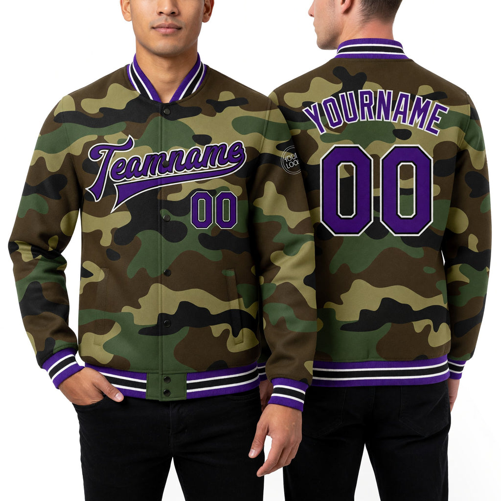 Custom Camo Purple-Black Bomber Full-Snap Varsity Letterman Salute To Service Jacket worn front and back