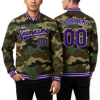 Custom Camo Purple-Black Bomber Full-Snap Varsity Letterman Salute To Service Jacket worn front and back