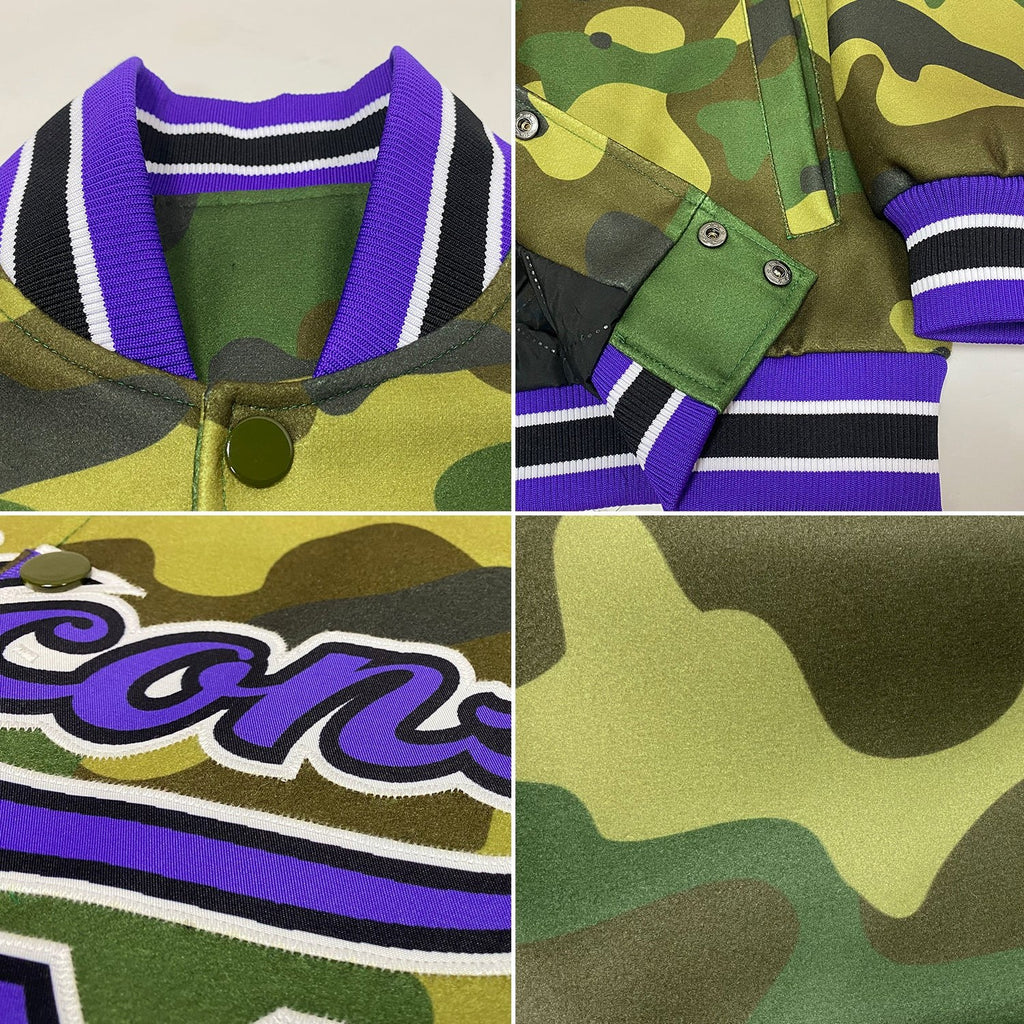 Custom Camo Purple-Black Bomber Full-Snap Varsity Letterman Salute To Service Jacket photo 4