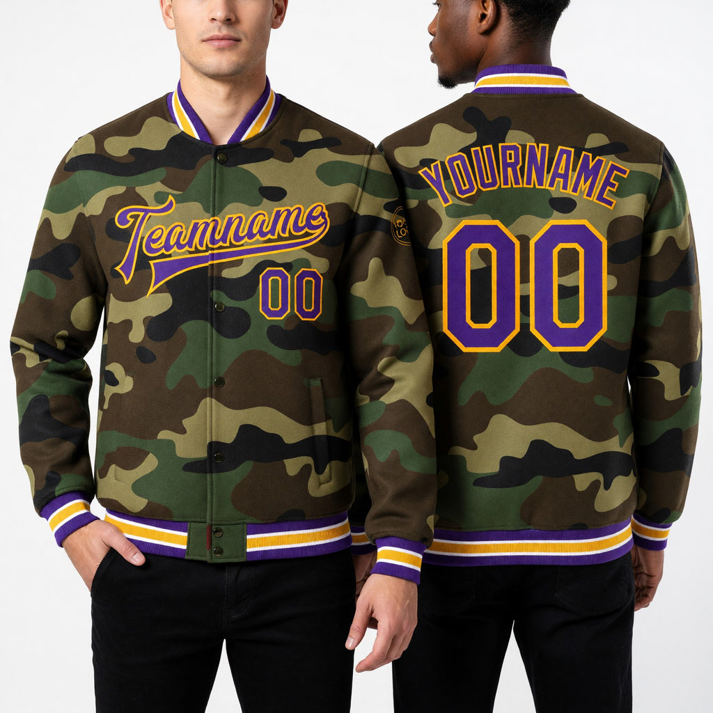 Custom Camo Purple-Gold Bomber Full-Snap Varsity Letterman Salute To Service Jacket worn front and back