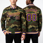Custom Camo Purple-Gold Bomber Full-Snap Varsity Letterman Salute To Service Jacket worn front and back