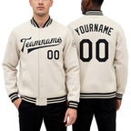 Custom Cream Black Bomber Full-Snap Varsity Letterman Jacket worn front and back