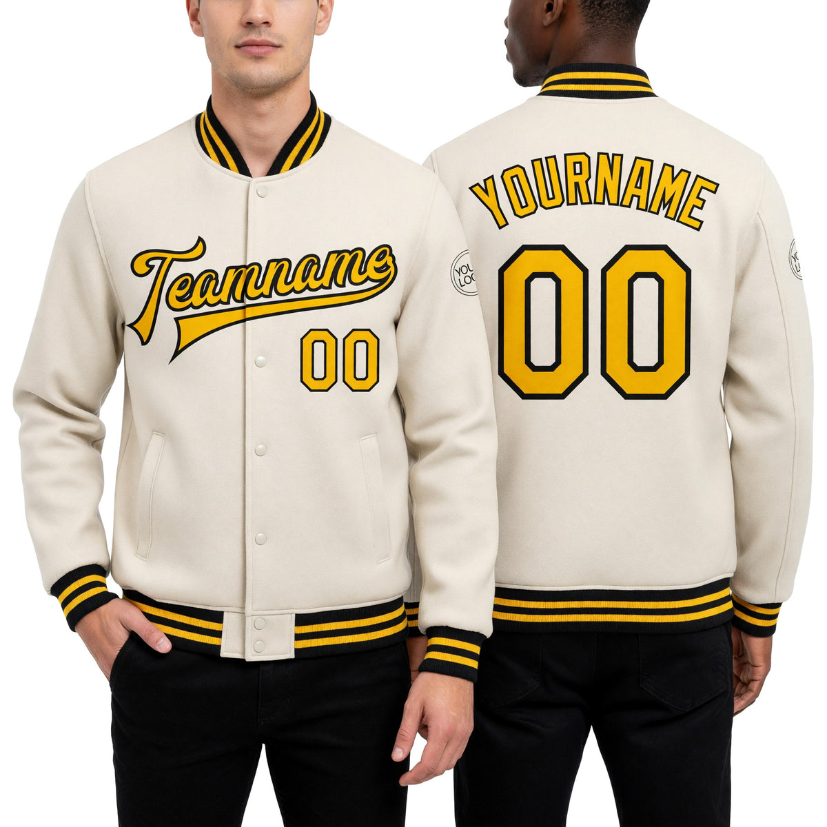 Custom Cream Gold-Black Bomber Full-Snap Varsity Letterman Jacket worn front and back
